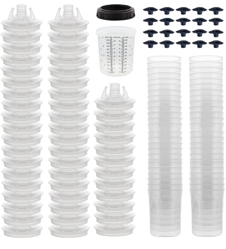 Disposable Paint Spray Gun Cups (190 Micron) 50 Lids 50 Liners 1 Hard Cup 1 Collar - Size 100ML-3OZ / 200ML-6OZ / 400ML-13.5OZ / 600ML-22OZ / 800ML-28OZ / Paint Supplies - Graduated Measurements