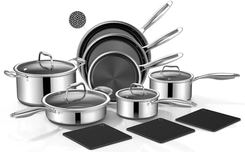Yoehka 14-Piece Hybrid Stainless Steel Cookware Set, Pots and Pans Set with 3 Silicone Tri - image 1