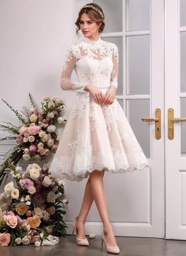 Tea Length Wedding Dresses for Bride Lace Tulle Wedding Dress for Women Long Sleeve Bridal Shower Dresses for Bride3