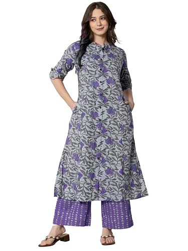 Image of rytras Women Cotton Printed A-Line Kurta with Palazzo Pant Set