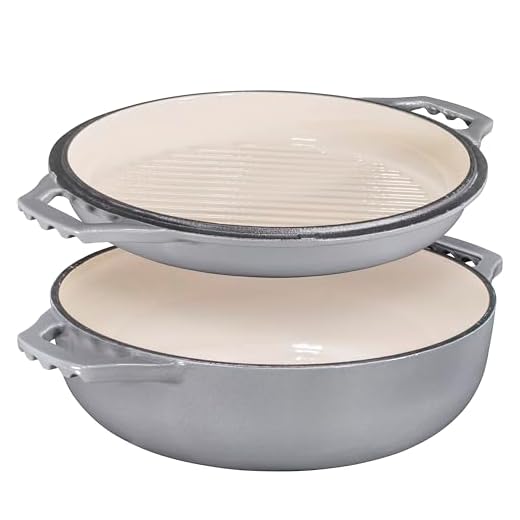 Bruntmor 2-in-1 Enameled Cast Iron Cocotte Double Braiser Pan with Grill Lid 3.3 Quarts - Barbecue Grill Non Stick Frying Pan - Casserole Cookware Wide Handle (Grey)