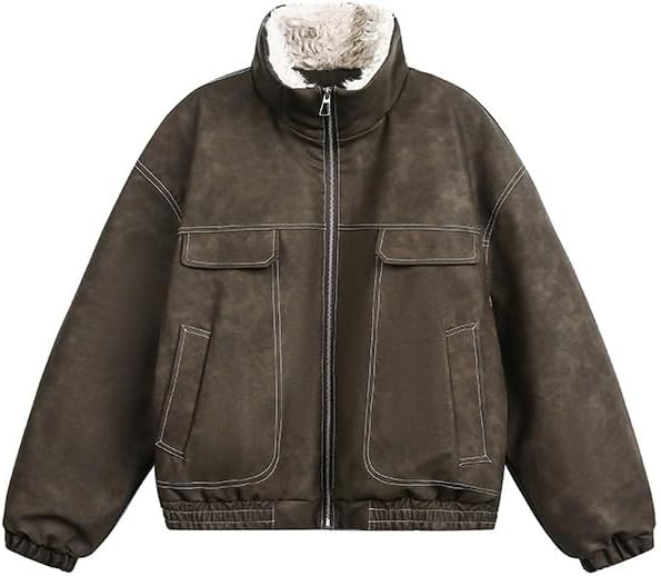 Retro Stand Up Collar Cotton Padded Jackets for Men Women to Keep Warm in Winter with Fleece