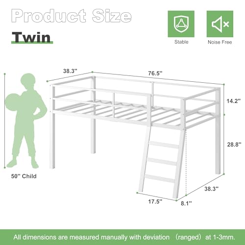 Lutown-Teen Loft Bed Twin Size, Low Junior Metal Twin Loft Bed with Stairs and Safety Guard, Noise Free and Space Saving, White - Thumbnail 3