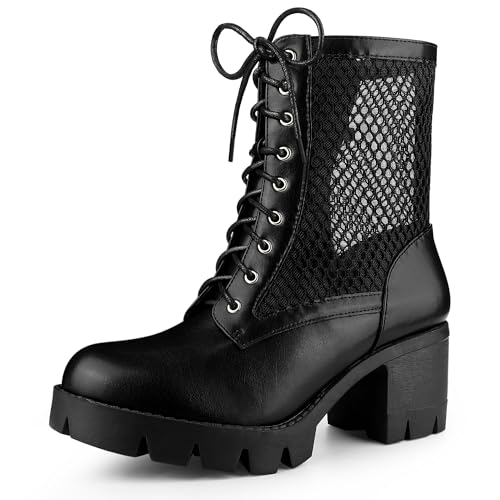 Allegra K Women's Platform Lace Up Mesh Lug Sole Chunky Heel Combat Boots