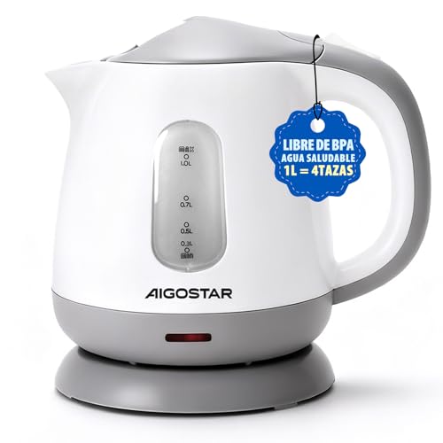 Aigostar Hervidor Agua Electrico Pequeño 1 Litros Blanco Gris - Hervidor de Agua Portatil & Compacto 1100 W, Para Acampar & Viajar, Hervido Rápido, Apagado Automático, Fácil de Limpiar, Sin BPA