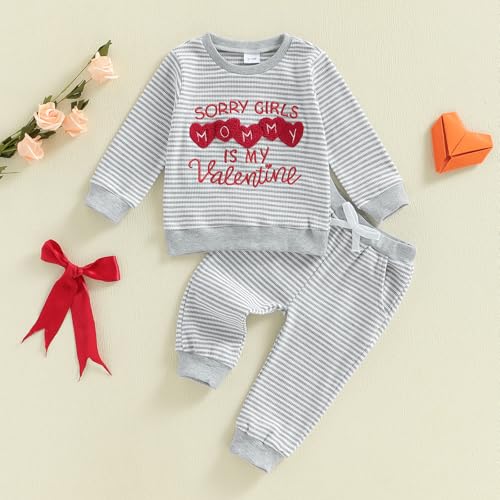 Kuriozud Toddler Baby Boy Clothes Outfit Valentines Day Sweatshirt Shirt+Waffle Knit Pant Set Clothing Spring Fall Winter (Gray Sorry Girls,Mommy is My Valentine, 12-18 Months)