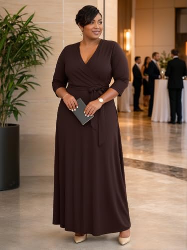 Image of SUZONANA Plus Size Maxi Dresses for Curcy Women Casual Loose 3 /4 Sleeve Long Dress with Belt