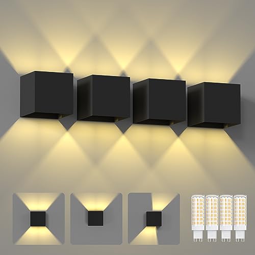 ChangM 4 Piezas Aplique Exterior Pared 7W Lámpara Led, Con Haz de Luz Ajustable, IP65, Con Bombilla LED G9 Reemplazable, Carcasa Negra