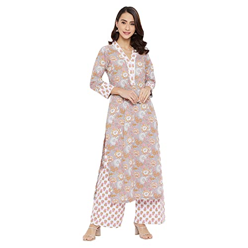 Image of Tissu Women's Cotton Sea Green & Pink Floral Printed Kurta with Palazzo