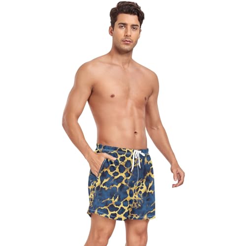 Blue and Gold Leopard Print Men Swim Shorts Men's 2In1 Inseam Bathing Suit with Phone Pocket Quick Dry S4
