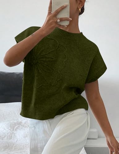 Image of 2026 Womens Floral Sweater Vest Cute Cap Sleeve Tops 3D Flower Decor Knit Tank Top Loose Spring Fall Summer Clothes