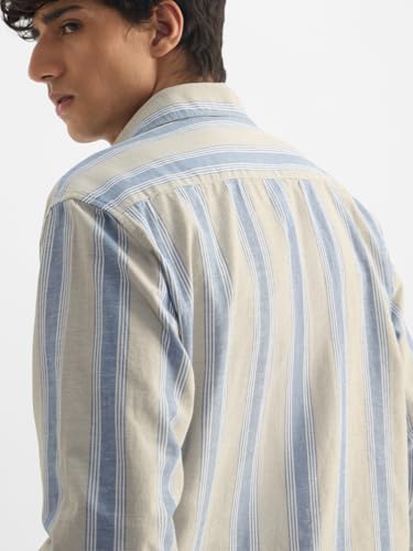 Image of The Souled Store Cotton Linen Stripes: Azure Men and Boys Long Sleeves Collared Neck Button Front Regular Fit Cotton Linen Shirts