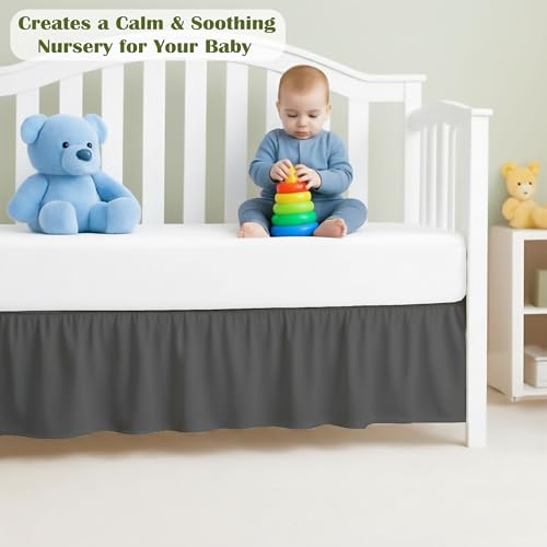 Image of Luxury Crib Bed Skirt 28 inch x 52 inch with 14 Inch Drop Soft & Breathable Dust Ruffle Fits Standard Crib and Toddler Bed Nursery Microfiber Fabric Ruffle Bed Skirt for Baby Boys or Girls Dark Grey Solid