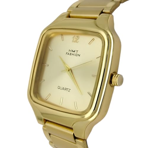 Image of HMT FASHION Golden Dial Wrist Analog Watch, Golden Square Big Size Dial Metal Strap Mens & Boy's Watches Hmtf7300G