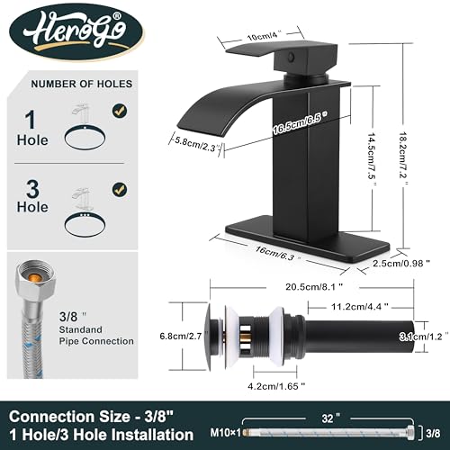 Image of Herogo Bathroom Faucet with Sink Drain, Matte Black Single Handle Waterfall Bathroom Sink Faucet with Water Supply Hoses for 1 Hole or 3 Holes, Stainless Steel, for Vanity RV Lavatory