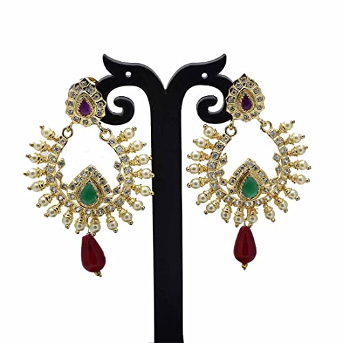 Image of KOLLAM SUPREME FASHIONABLE AD STONE AND PEARLS BIG RAMLEELA BALI EARRINGS FOR WOMEN
