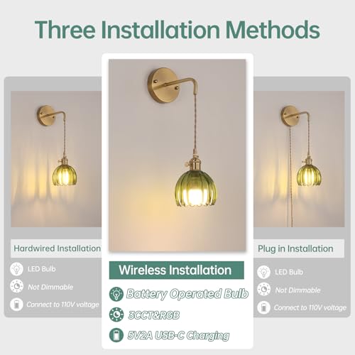 Image of Shenmoyl Battery Operated Wall Sconce with Green Tulip Shade Pattern Glass Adjustable Chain Retro Gold Wall Mounted Light, Modern Wall Lamp Fixtures Decor for Bedside Bedroom Indoor Doorway