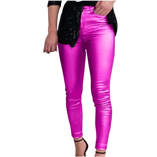 HGps8w Women's Metallic Shiny Leggings - High Waisted Faux Leather Pants Wet Look Skinny Glamour Tights