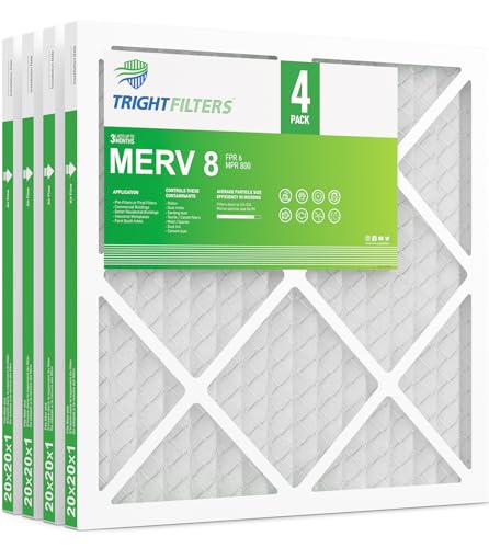 TRIGHTFILTERS 20x20x1 Air Filter 4 Pack, MERV 8 Pleated Dust Defense Air Filters Replacement Air Conditioner HVAC AC Furnace Filter, Durable and Lightweight