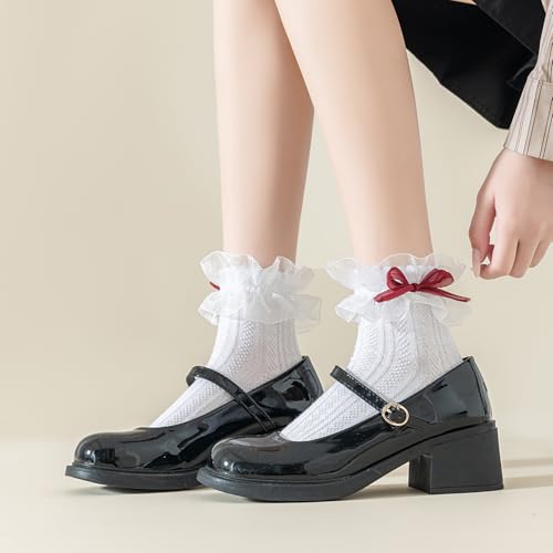 BIVOLU Womens Ankle Socks Lace Ruffle Frilly Cotton Cute Princess Ankle Dress Lace Socks for Girl 1 Pack3