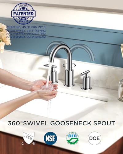 Image of FORIOUS Chrome Bathroom Faucet 3 Hole, 8 Inch Widespread Bathroom Sink Faucet Polished Chrome 6 in with Metal Pop Up Drain and 24 inch Supply Line, 360 Degree Swivel Gooseneck for 3 Hole Vanity Sink RV