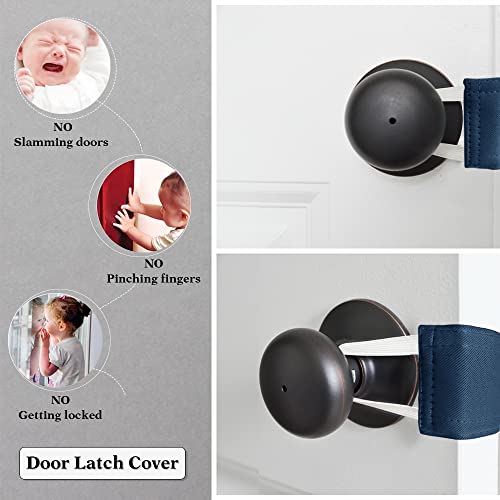 Image of PONY DANCE Baby Door Latch Cover Closer - Nursery Door Silencer with Strong Elastic Straps, Thick Solid Cushion for Noise Reduction, Prevents Slamming, 3 Pieces, 4W x 2L Inches, Navy Blue