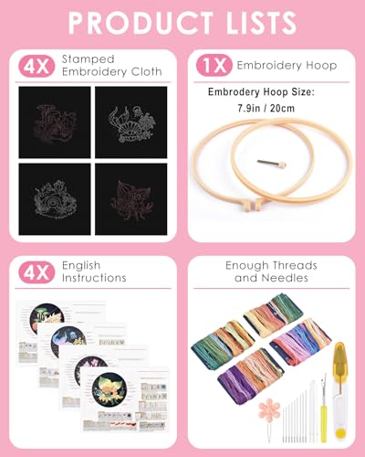 Image of TINDTOP 4 Pack Embroidery Kit for Adult, Embroidery DIY Starter Kit | with Ocean Shell Stamped Patterns, Hoop, Tools, Colorful Threads with Needles, Instructions