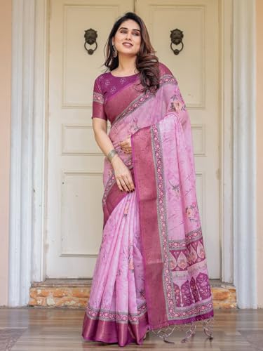 Image of ALMAARI FASHION Floral Printed Cotton Saree for Women with Handloom Zari Weave, Traditional Lightweight Ethnic Saree for Wedding Festive Office Party with Blouse Piece (LINEN 81-90 SH)