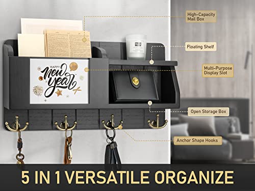 Rebee Vision Key Holder For Wall Set : 15" Key Rack With 7 Key Hooks & 16" Mail Organizer With Chalkboard And 4 Anchor Hooks For Home Apartment Entryway Decor - Black #TOP3