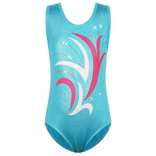 XIUsheUA Maillot de Danza Leotardo de Gimnasia de Diamante for niñas, Mono Degradado, Ropa de actuación sin Mangas, Traje de práctica, Trajes de Ballet Maillot Danza Mujer(Light Blue,4A)