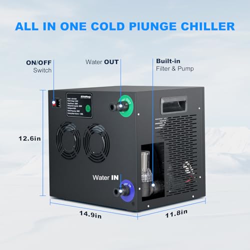 Ice Bath Water Chiller for Cold Plunge Tubs, 1/3 HP Cold Plunge Chiller with Built-in Filter & Pump, Submersible Pump, Insulated Hoses, Ideal for Ice Bath Cold Therapy Recovery 110V