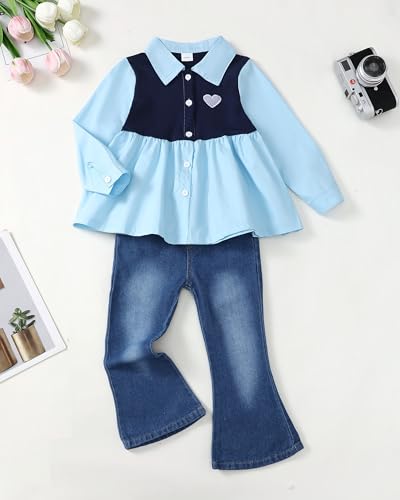 Image of SODLON Kids Toddler Girl Clothes Winter Outfits Shirt Top Bell Bottom Jeans Denim Pants Set Little Girl Fall Spring Clothing