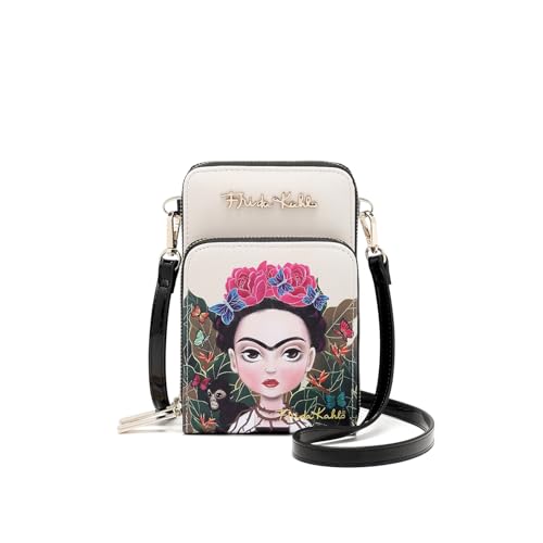 Frida Kahlo Artistic Phone Wallet Crossbody Bag, Floral Butterfly Design, Multi-Compartment with Card Slots, Beige and Black