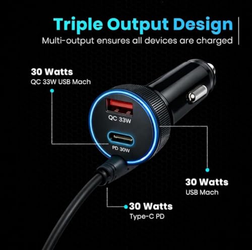 Image of Fast Charging Car Charger with Cable | USB Car Charger Adapter with Coiled Cable for Smartphones, GPS & Accessories | Safe, Durable & Compact Car Charging Solution