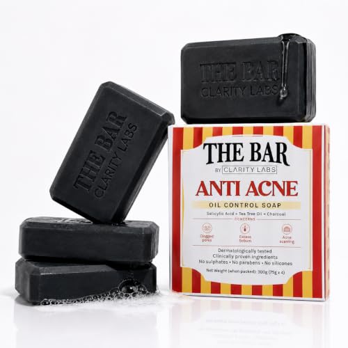 ClarityLabs Oil Control Anti Acne Soap For Face & Body | Pack of 4 | With Salicylic Acid, Zinc PCA, Charcoal, Tea Tree Oil & Vitamin C | Reduces Dark 