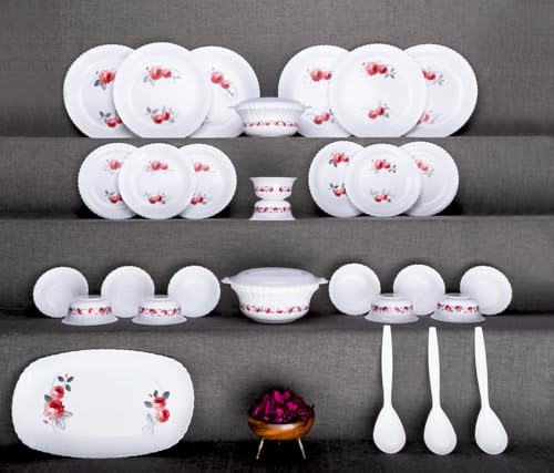 Image of Dinner Set of 32 psc Exclusive Plastic Printed Round Dinner Set. 6 Big PLATS, 6 Small PLATS, 12 Small Bowl,3 Big Spoon, 2 Big Bowl with 2 LID 1 Big Plate .(Pink Color) (32)