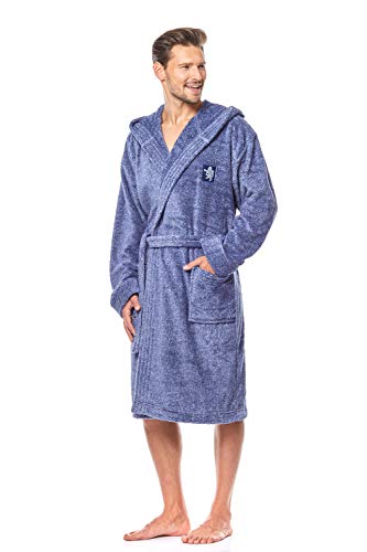 L&L - Bruce Corta Albornoz Hombres de Manga Suave. Extremadamente Ligero. Encapuchado Bata de Casa para Hombres. (Azul Melange, X-Large)