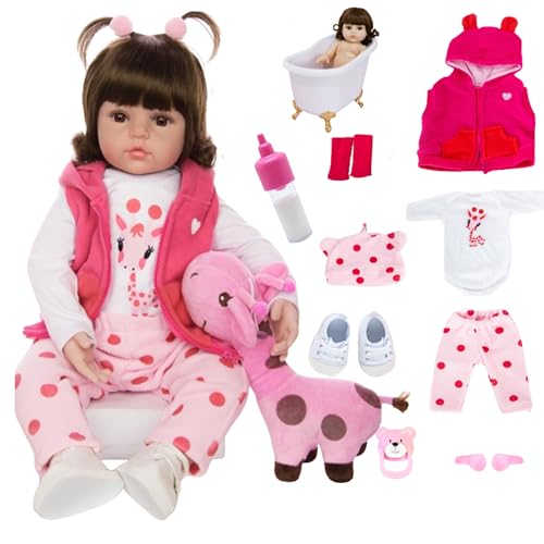 Boneca Bebê Reborn Menina Realista Siliconada com Girafinha Rosa e Roupas Luxo 48 cm Pode Tomar Banho