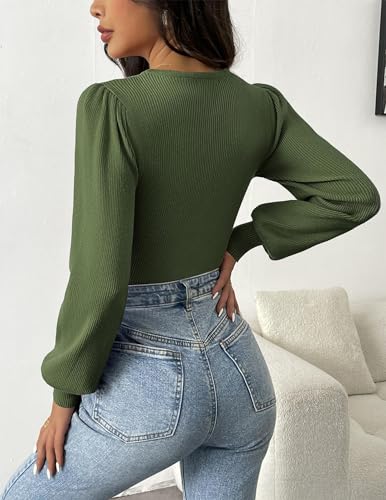 Image of Zeagoo Womens Sweaters Long Sleeve Bodysuits 2026 Fall Crewneck Puff Knit Pullover Tops