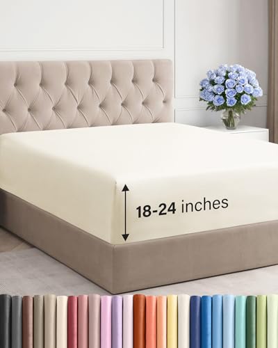 Image of Extra Deep Cal King Fitted Sheet - Single Fitted Sheet Only - Off White | Easily Fits 18 inch to 24 inch Mattress, Soft, Wrinkle Free, Breathable & Comfy, Extra Deep Pockets Hotel Luxury Fitted Sheet