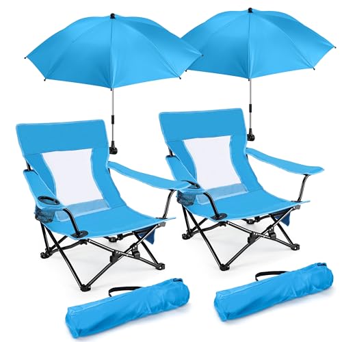 Joyfair Beach Camping Chair with Umbrellas, 2 Pack Outdoor Folding Low Camp Chairs for Adults, Heavy Duty Portable Chair with Umbrella for Outside Fishing, Lawn, Sport, Cup Holder & Carry Bag (Blue)