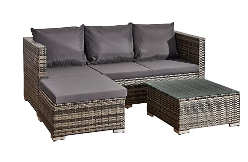 XEO HOME Grey MIX Rattan Garden Sofa Sets 4-Seater Furniture L Shape Outdoor Corner Lounge 3PC...