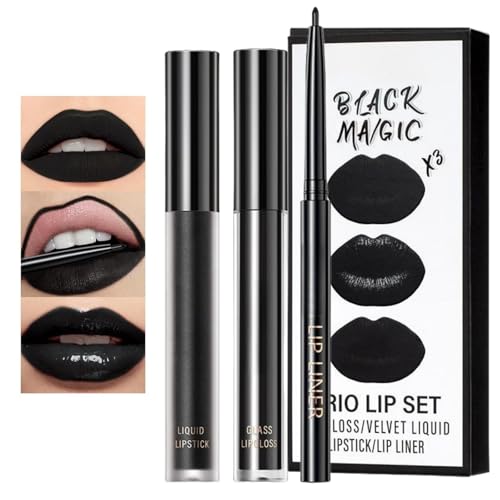 3Pcs Black Matte Liquid Lipstick Lip Liner & Lip Gloss Trio Set - Long-Lasting Waterproof Lip Stain Moisturizing Non-Sticky Velvet Finish for Halloween Go/th Makeup High-Pigment Lip Colors