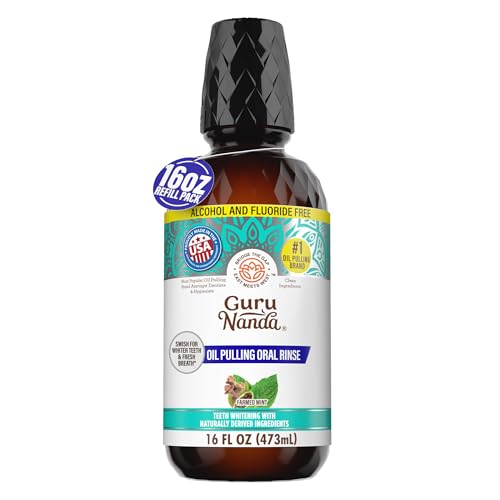 GuruNanda CocoMint Oil Pulling Mouthwash for Complete Oral Hygiene, 7 Essential Oils & Vitamins for Happy Teeth & Gums & Fresh Breath, Alcohol-Free, 16 oz