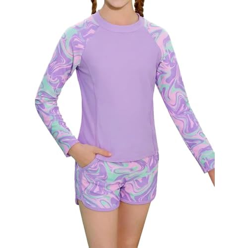Girls Rash Guard Swimsuit Two Piece Bathing Suit UPF 50+ Sun Protection Long Sleeve Swimwear 6-14 Years 8 Purple Wave