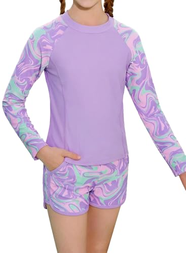 Image of Alakuoti Girls Rash Guard Swimsuit Two Piece Bathing Suit UPF 50+ Sun Protection Long Sleeve Swimwear 6-14 Years