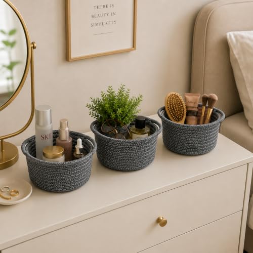 Image of Small Woven Cotton Rope Baskets with Handle, Set of 3, Grey | Boho Round Design, Bathroom Organizer, Safe for Kids & Pets, Chemical-Free Cotton, Multi-Room Storage