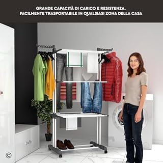 VertiSlim Dry Stendibiancheria Verticale 4 Livelli Stendino Salvaspazio - Stendipanni a Torre in Acciaio Inossidabile - Richiudibile con Ruote e Ali Laterali - Colore Grigio per Interno Esterno