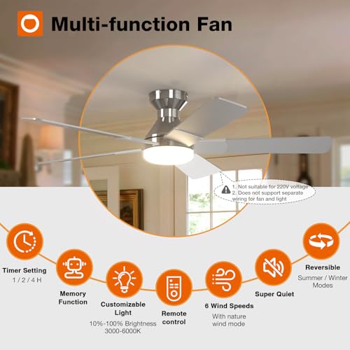 Image of addlon Ceiling Fans with Lights, 52 inch Low Profile Ceiling Fan with Light and Remote Control, Flush Mount, Reversible, 3CCT, Dimmable, Noiseless, Nickel Ceiling Fan for Bedroom, Indoor /Outdoor Use