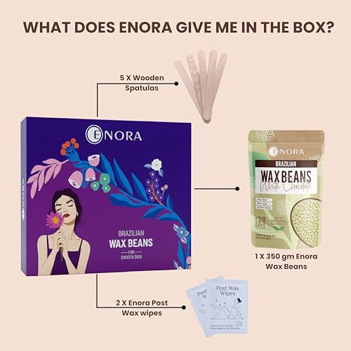 Image of ENORA Brazilian Stripless Wax Beans for Women (350g) | With Wooden Spatula | Natural | For Face, Chin, Hairline, Bikini Area & Full Body Hair Removal (350 Gram, White Chocolate)
